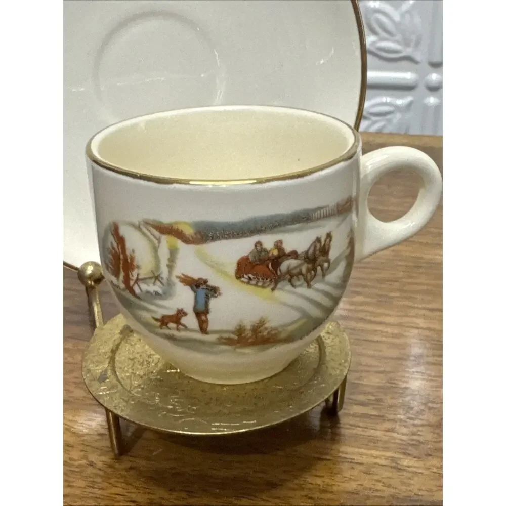 USA Demitasse Cup Saucer Currier & Ives With Display Stand Holder